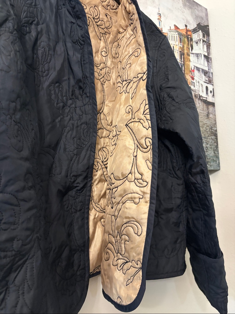 Reversible Quilted Black Blazer/jacket with gold  Embroidered Lining small